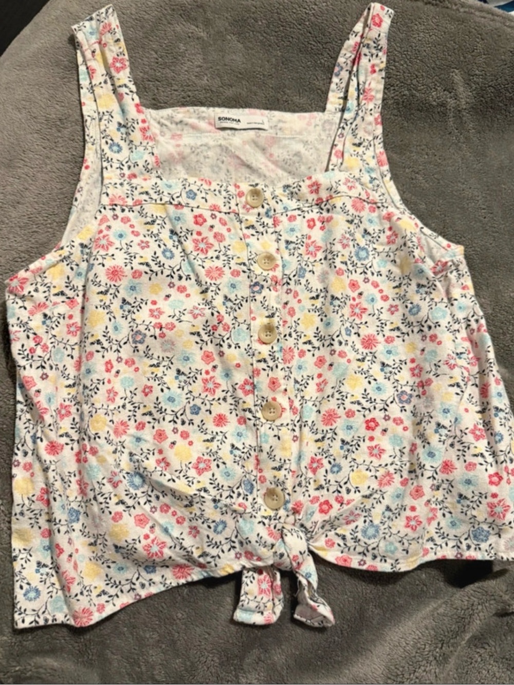 Sonoma Floral Button-Front Tie-Hem Tank Top - White Multi